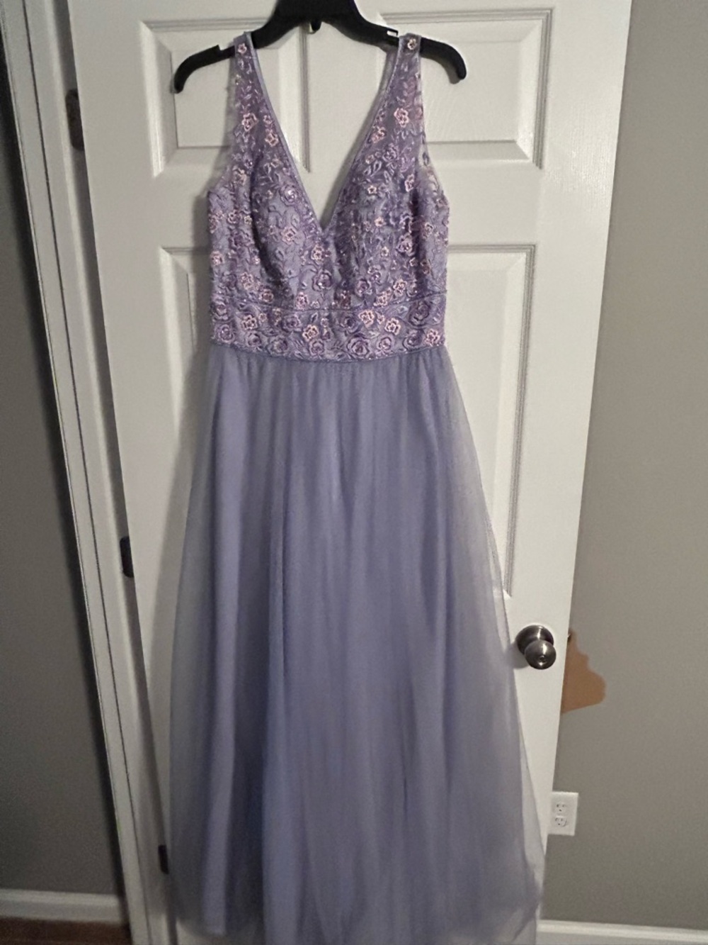 Mori Lee Lavender Embroidered V-Neck Maxi Dress
